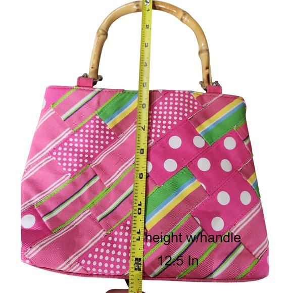 Alexandra Bartlett pink patchwork bamboo handle satchel handbag - Picture 9 of 10